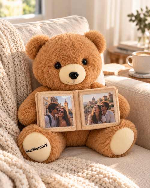 Memory Bear op de bank met vakantiefoto's van een stel in het fotoboekje