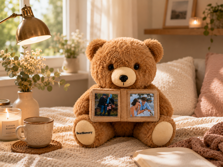 Memory Bear teddybeer met fotoboekje in huiselijke setting