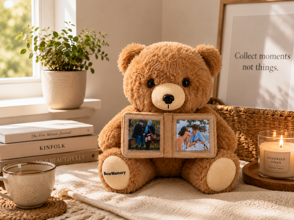 Memory Bear in huiselijke setting met fotoboekje