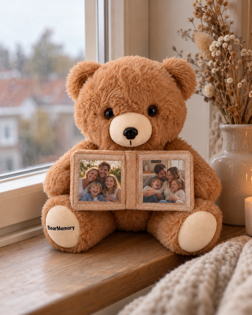 Memory Bear bij het raam met foto's van een gezin